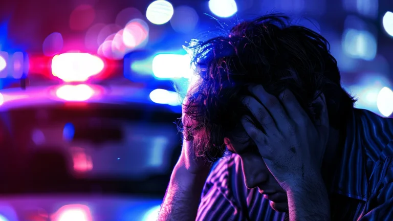 A drunk driver is hiding his face from the lights of a police car after being caught behind the wheel.
