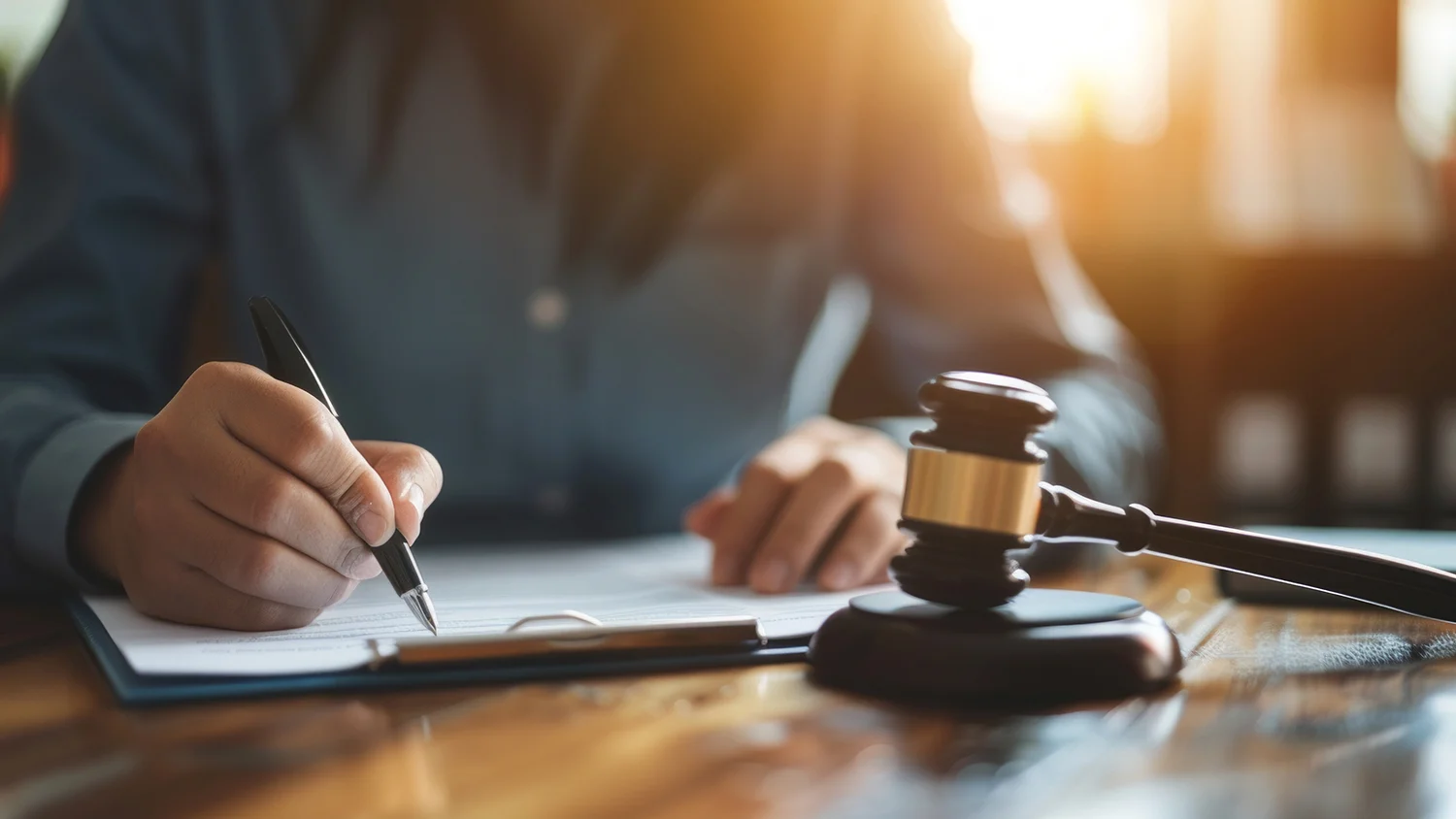 A professional lawyer signing legal documents with a gavel in foreground, depicting legal proceedings