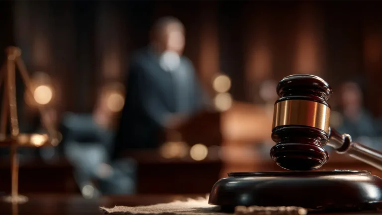 Judge's gavel on desk in courtroom with blurred lawyer speaking