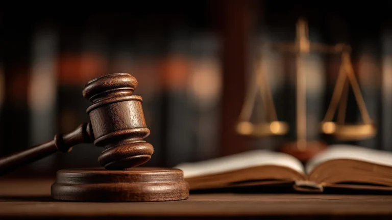 Wooden Gavel, Open Law Book and Scales of Justice on Desk for Legal, Courtroom or Judicial Use